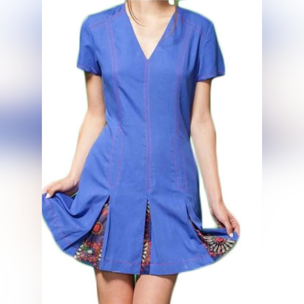 Alice’s Pig Blue Pleated Skater Dress Floral Inset NWT Medium